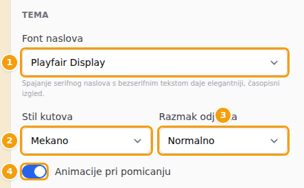 Font naslova (1), Stil kutova (2), Razmak odjeljka (3) i Animacije pri pomicanju (4)