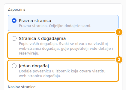 Obrazac za dodavanje stranice: Stranica s događajima (1) i Jedan događaj (2)