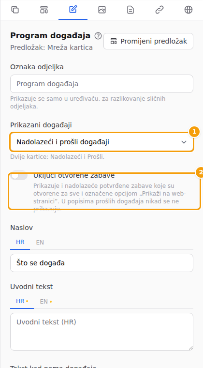Uređivač odjeljka Program događaja: Prikazani događaji (1) i Uključi otvorene zabave (2)