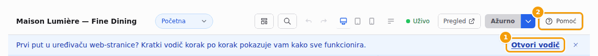 Traka za prvi posjet s gumbom Otvori vodič (1) i gumbom Pomoć (2)