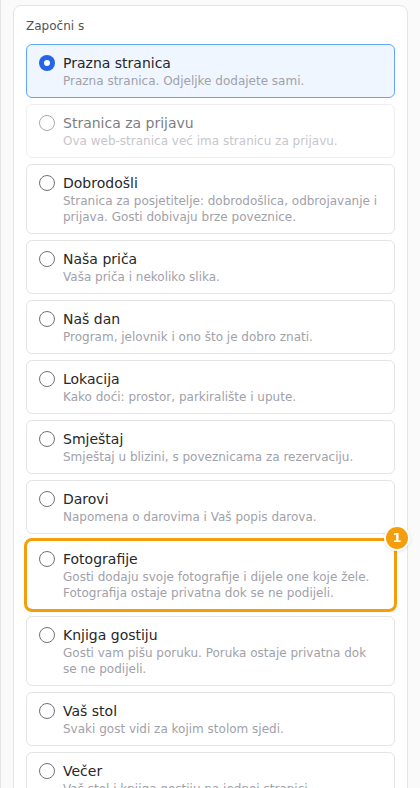 U obrascu za dodavanje stranice odaberite Fotografije (1)