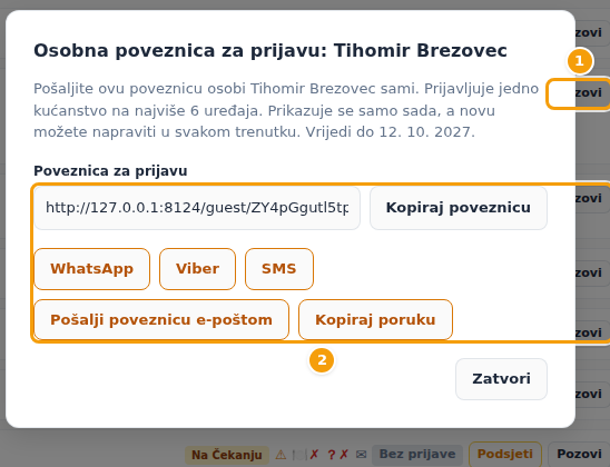 Osobna poveznica: Kopiraj poveznicu (1) i načini slanja (2)