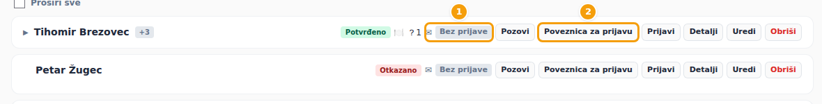 Popis gostiju: je li se gost prijavio (1) i gumb Poveznica za prijavu (2)