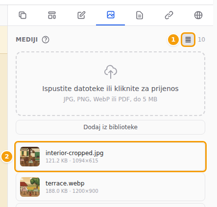 Prikaz popisa (1) i nova obrezana kopija na vrhu (2)