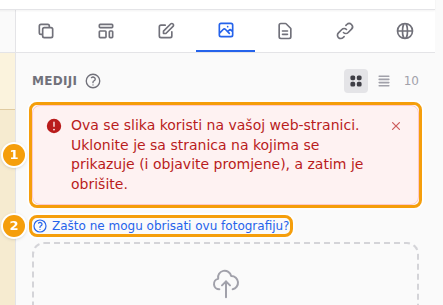 Poruka kad se fotografija još koristi (1) i poveznica na ovu pomoć (2)