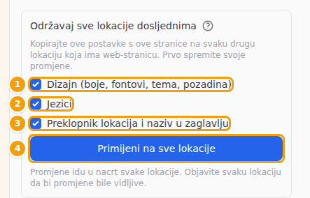 Odaberite što kopirati (1–3) i kliknite Primijeni na sve lokacije (4)