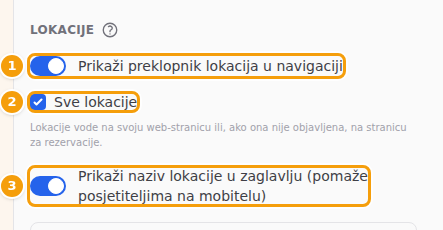 Prikaži preklopnik lokacija u navigaciji (1), Sve lokacije (2) i Prikaži naziv lokacije u zaglavlju (3)