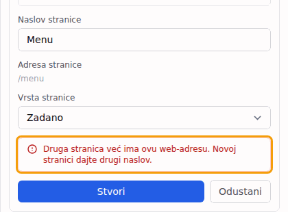 Crvena poruka objašnjava zašto se stranica nije mogla dodati