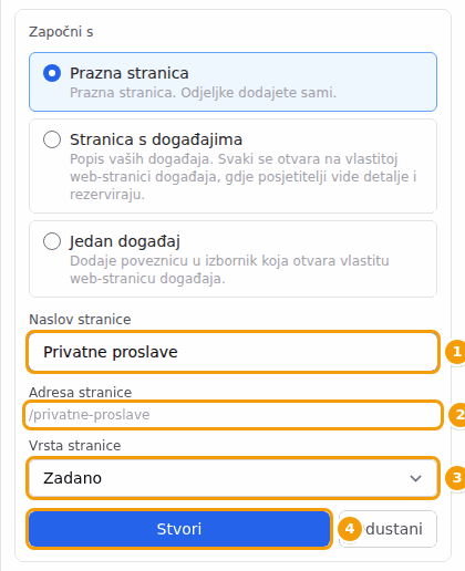 Naslov stranice (1), web-adresa (2), Vrsta stranice (3) i Stvori (4)