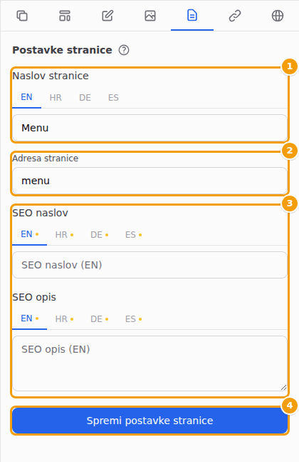 Naslov stranice (1), Adresa stranice (2), tekstovi za tražilice (3) i Spremi postavke stranice (4)
