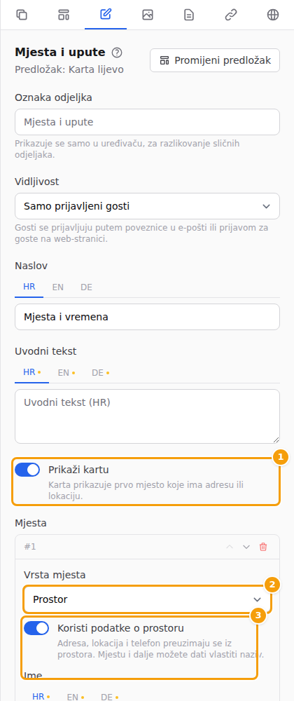 Uređivač odjeljka Mjesta i upute: Prikaži kartu (1), Vrsta mjesta (2) i Koristi podatke o prostoru (3)