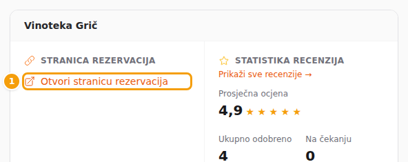 Otvori stranicu rezervacija (1) na nadzornoj ploči