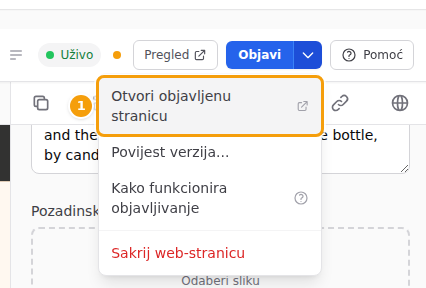 Otvori objavljenu stranicu (1) u izborniku pokraj gumba Objavi