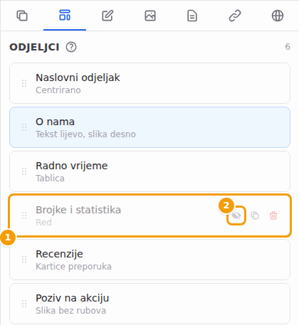 Skriveni je odjeljak blijed na popisu (1). Kliknite prekriženo oko (2) da biste ga ponovno prikazali