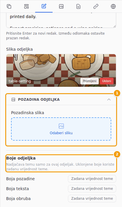 Pozadina odjeljka (1) i Boje odjeljka (2)