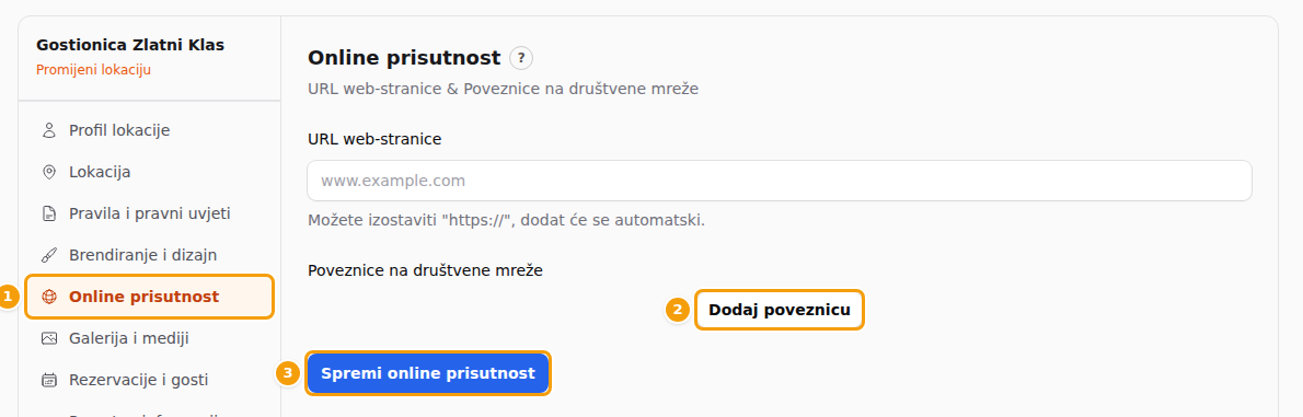 Online prisutnost (1), Dodaj poveznicu (2) i Spremi online prisutnost (3) u postavkama lokacije