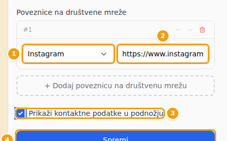 Mreža (1), njezina adresa (2), Prikaži kontaktne podatke u podnožju (3) i Spremi (4)