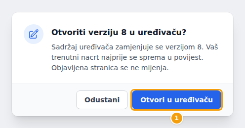 Otvoriti verziju 8 u uređivaču? — Vaš trenutni nacrt najprije se sprema u povijest. Objavljena stranica se ne mijenja.