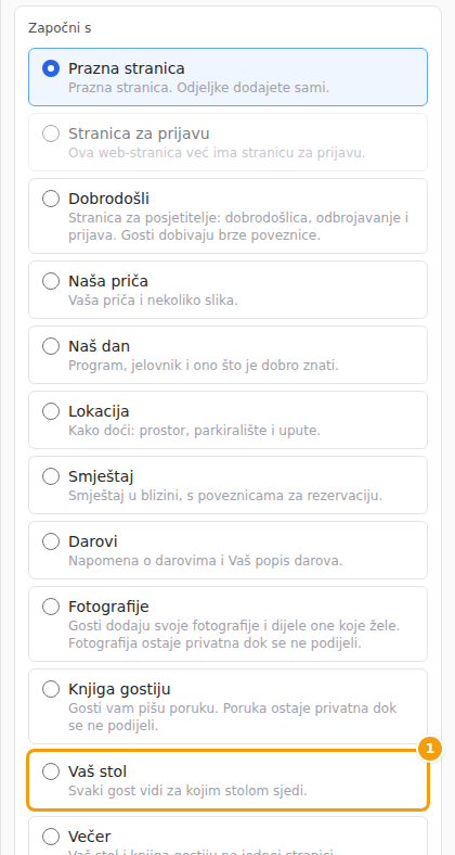 U obrascu za dodavanje stranice odaberite Vaš stol (1)