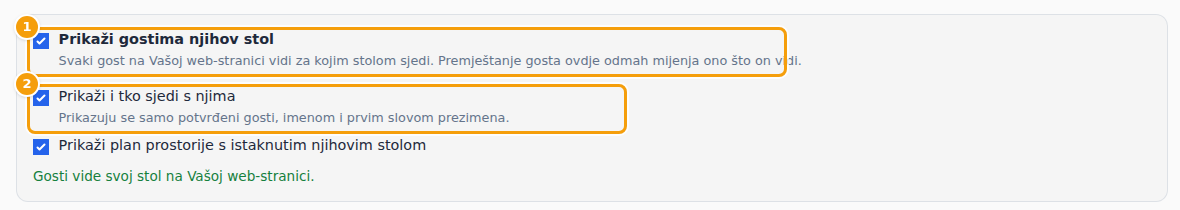 U rasporedu sjedenja: Prikaži gostima njihov stol (1) i Prikaži i tko sjedi s njima (2)