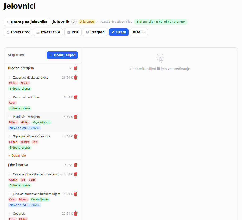 Jelovnici i cijene, uvijek ažurni
