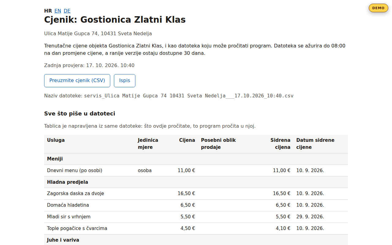 Cjenik objavljen umjesto vas